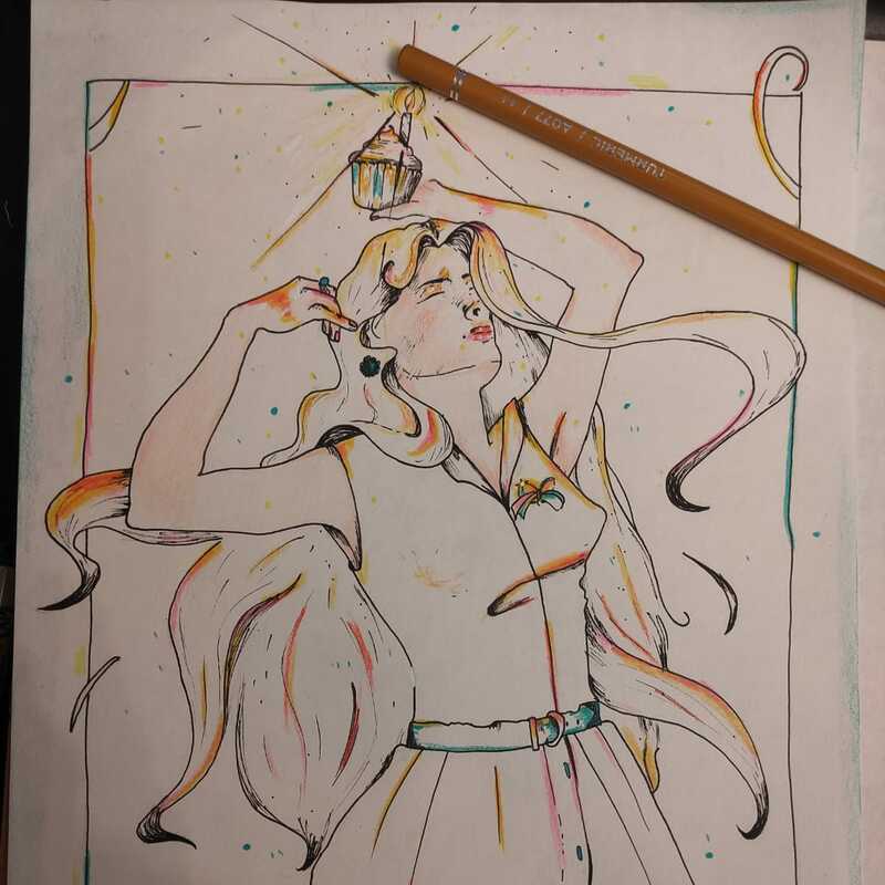 Die Geburtstagsfee, Fineliner, Holzfarben auf A4, 2024