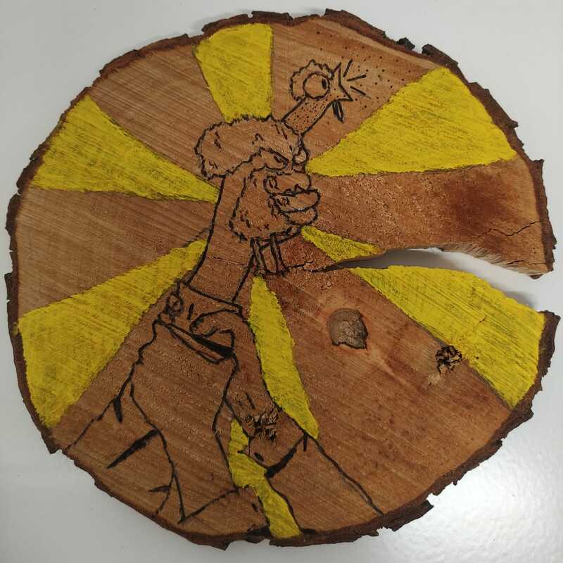 "Bitte auf keinen Fall die Henne abfeuern", Acryl und Brandmalerei auf Holz 2024